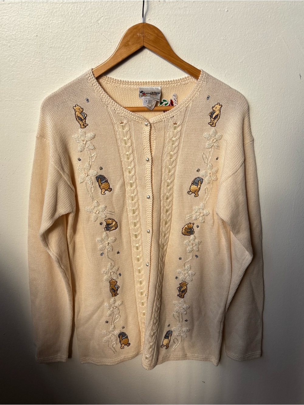 Winnie the Pooh Beige Embroidered Cardigan Sweater with Pearls
